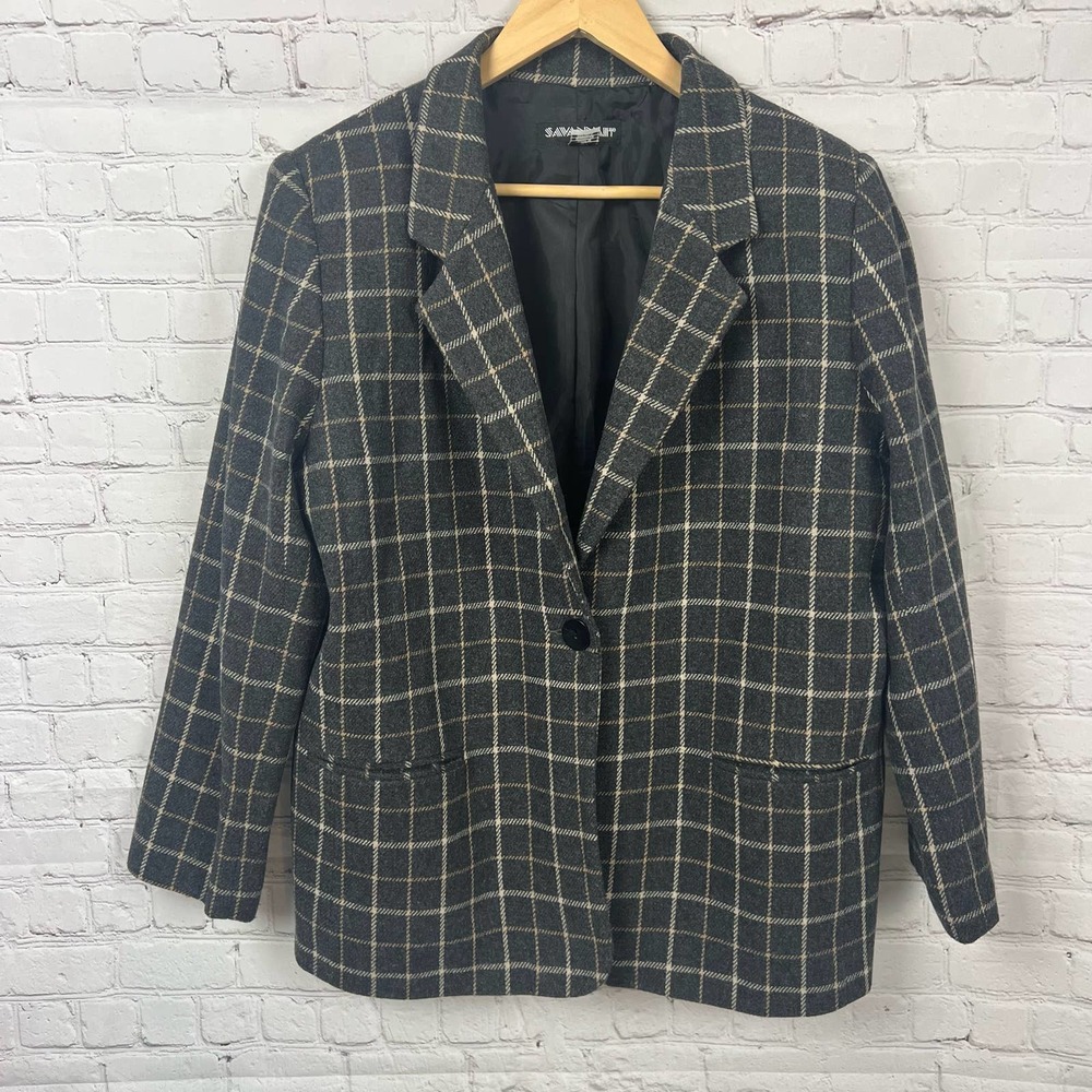 Savannah Vintage Plaid Blazer Wool Blend One button Size 16 XL
